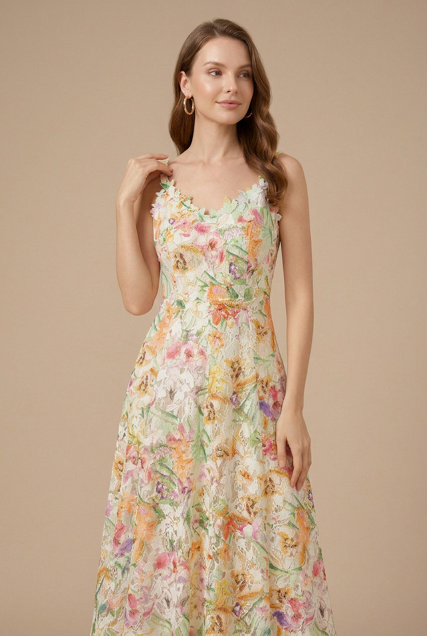 Robe Midi Femme Dentelle A-ligne Col V Cérémonie – Image 3