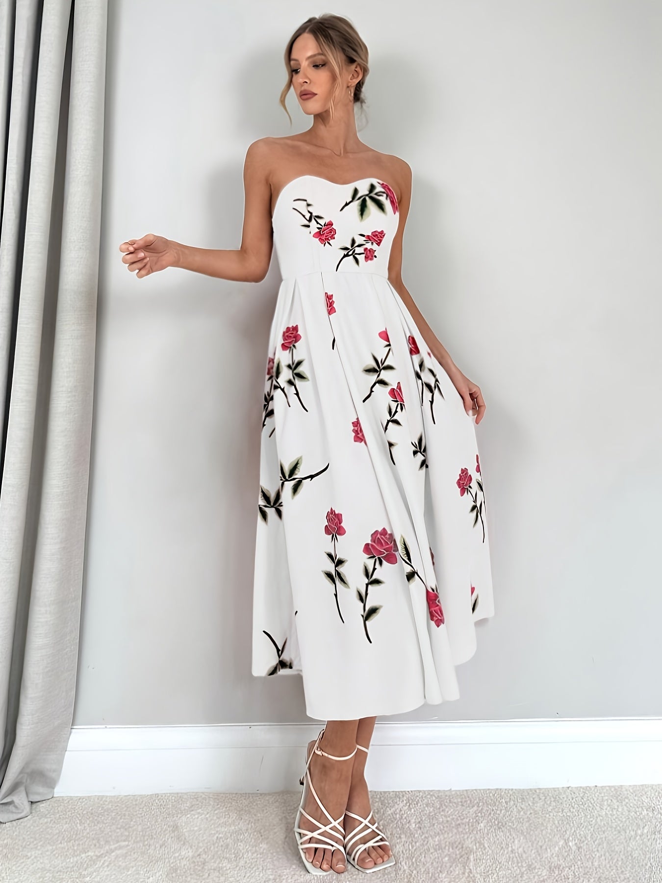 Robe élégante bustier fleurie mi-longue soirée mariage – Image 7