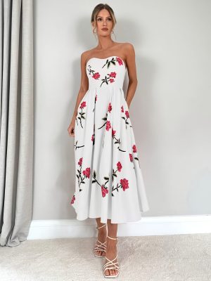 Robe élégante bustier fleurie mi-longue soirée mariage