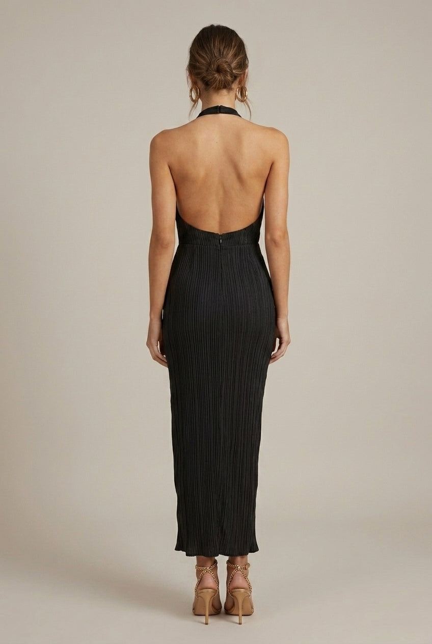 Robe Moulante Femme Col Licou Texturée Fente Asymétrique – Image 3