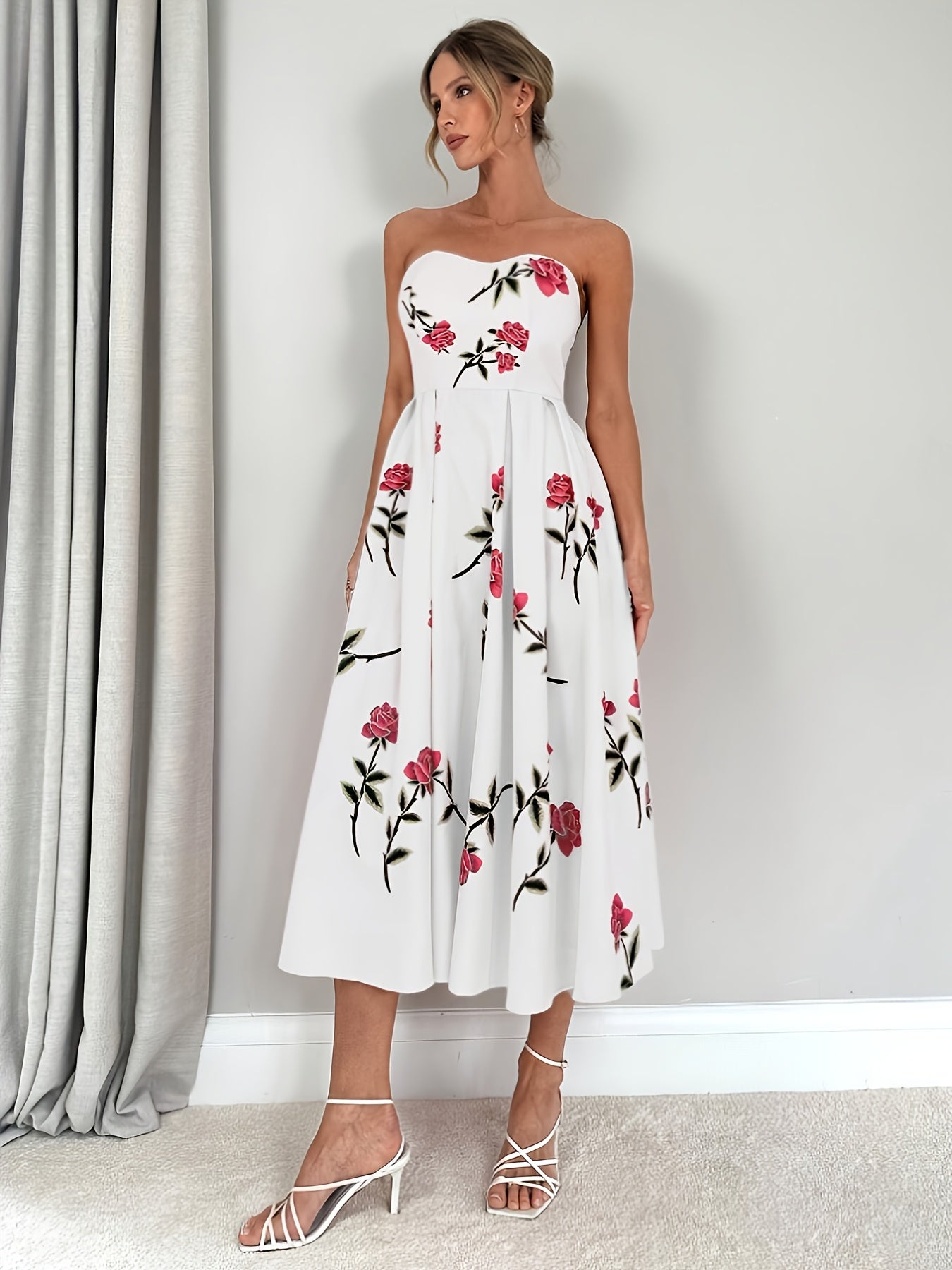 Robe élégante bustier fleurie mi-longue soirée mariage – Image 5