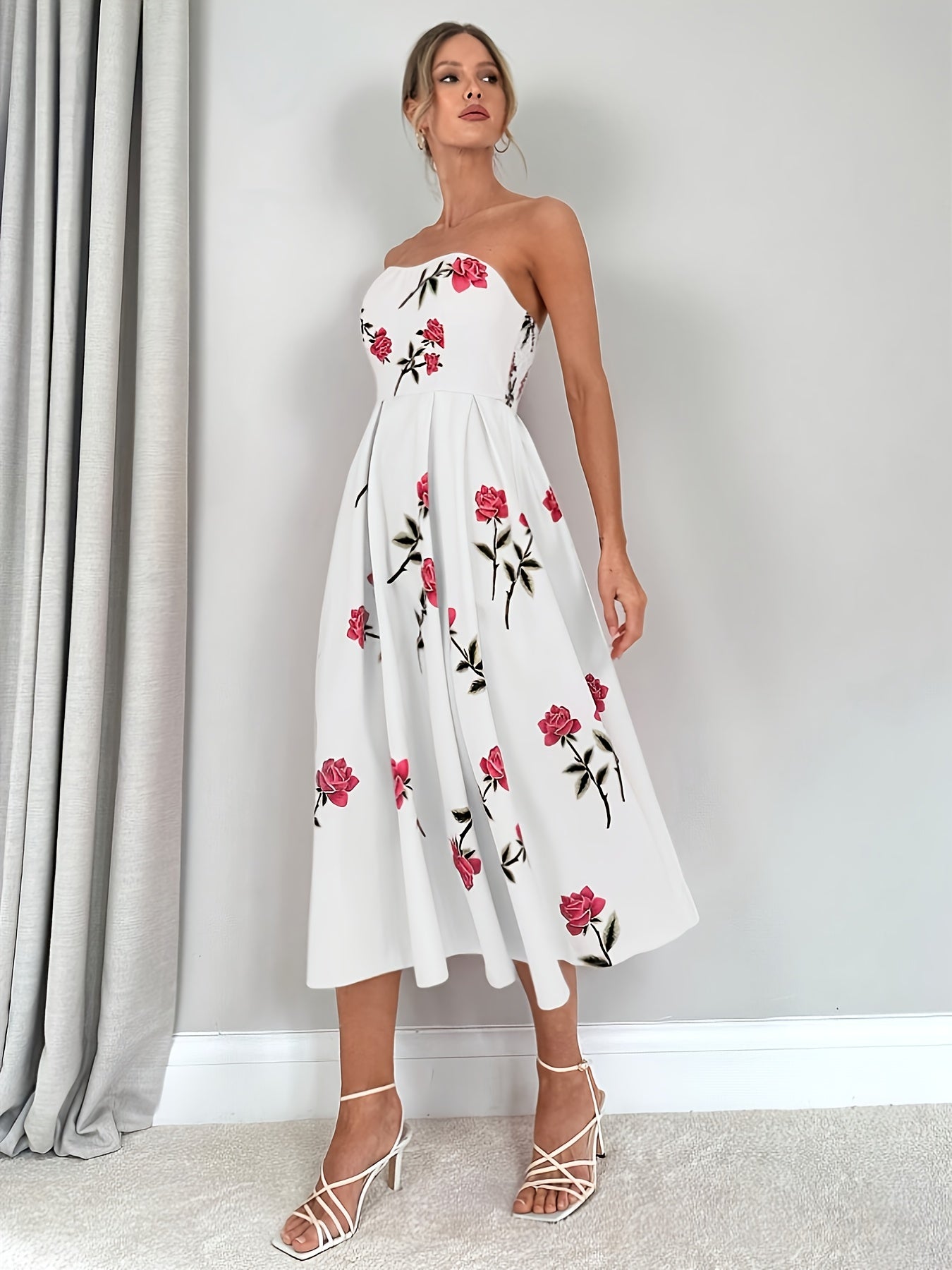 Robe élégante bustier fleurie mi-longue soirée mariage – Image 6