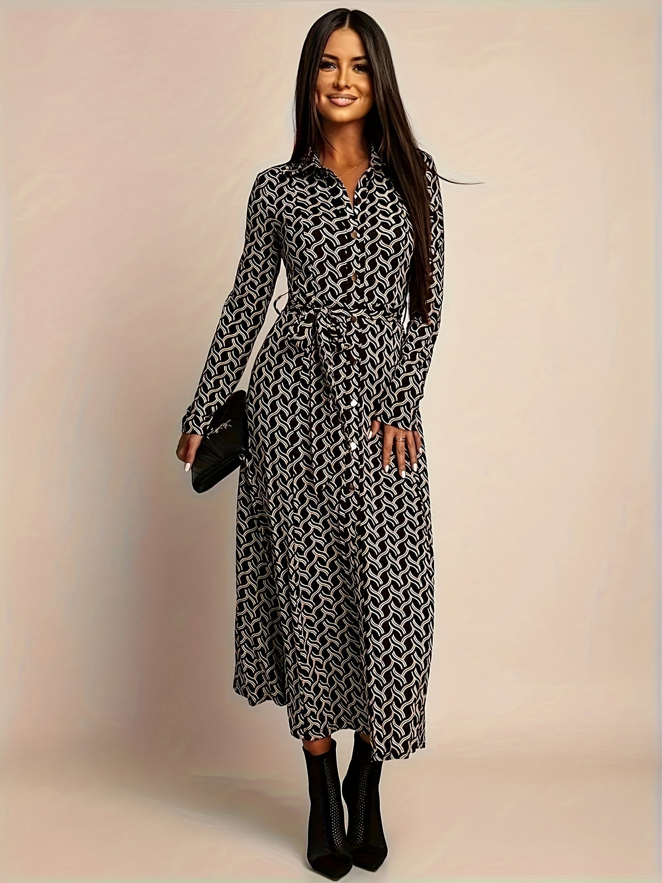 Robe chemise femme imprimé géométrique, élégance polyvalente