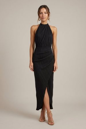 Robe Moulante Femme Col Licou Texturée Fente Asymétrique