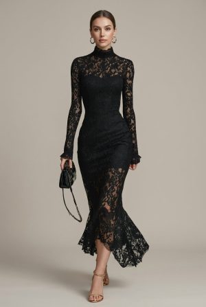 Robe de cocktail noire en dentelle coupe ajustée élégante