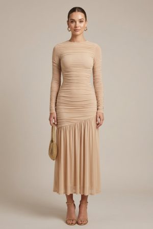Robe Froncée Midi Femme Élégante Soirée Mariage