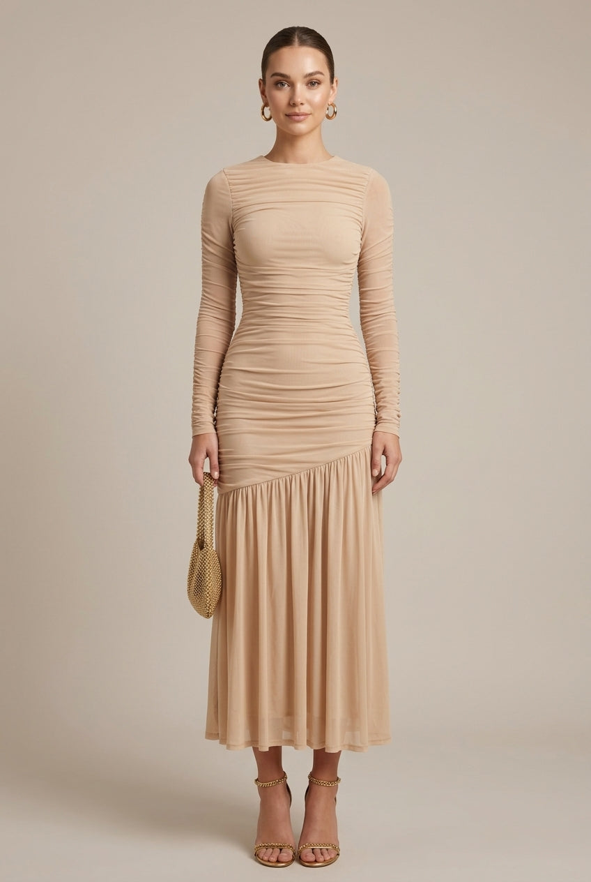 Robe Froncée Midi Femme Élégante Soirée Mariage