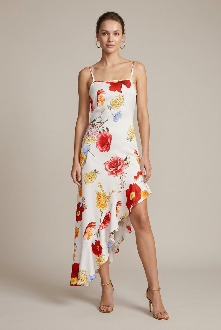 Robe d'été fleurie col carré bretelles fines femme