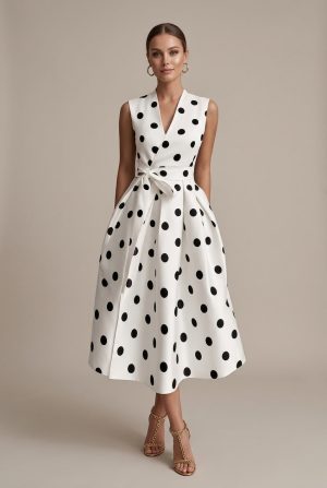 Robe de Cérémonie Femme Midi Col V Plissée à Pois