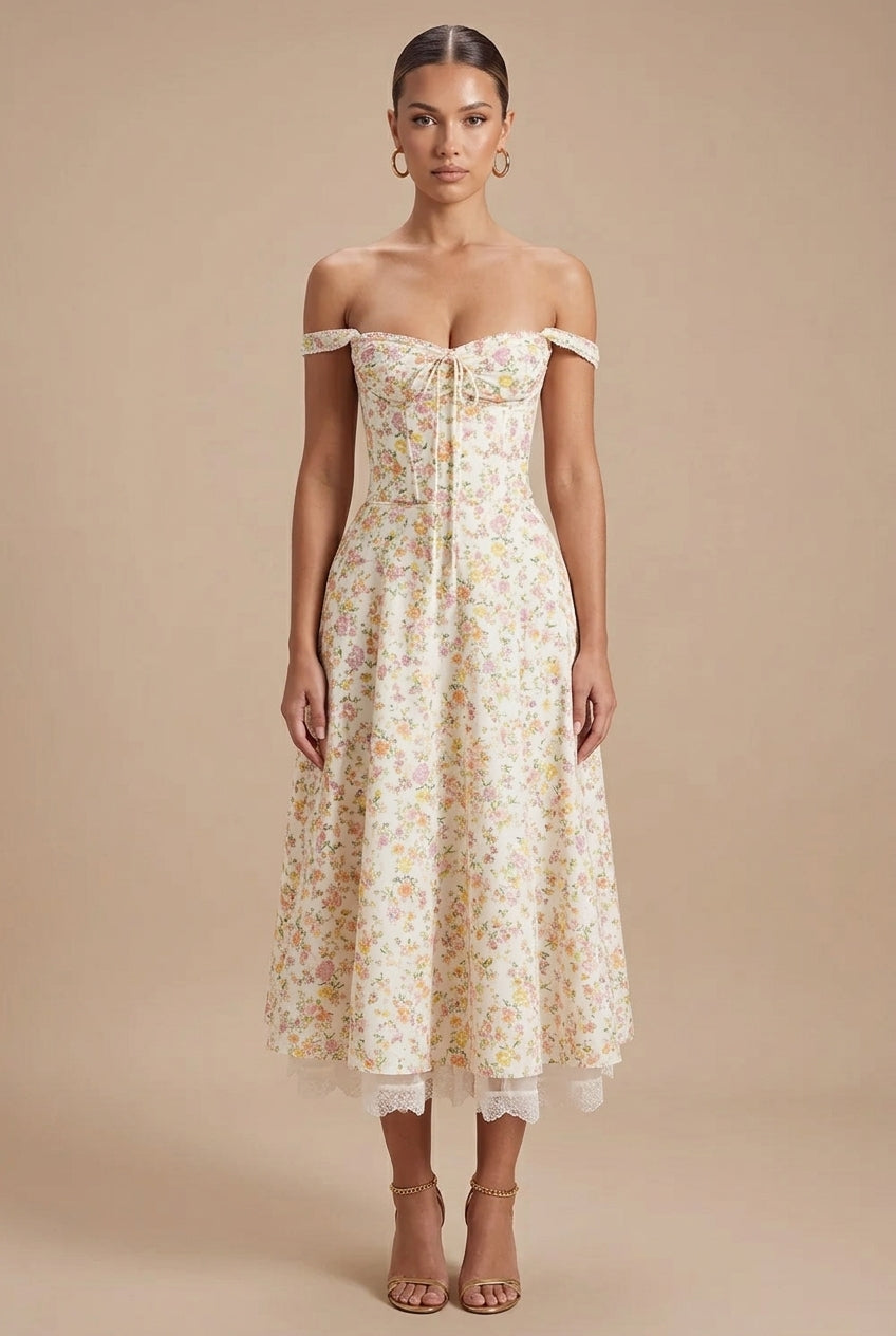 Robe Été Femme Fleurie Col Cœur Dentelle Fête Jardin