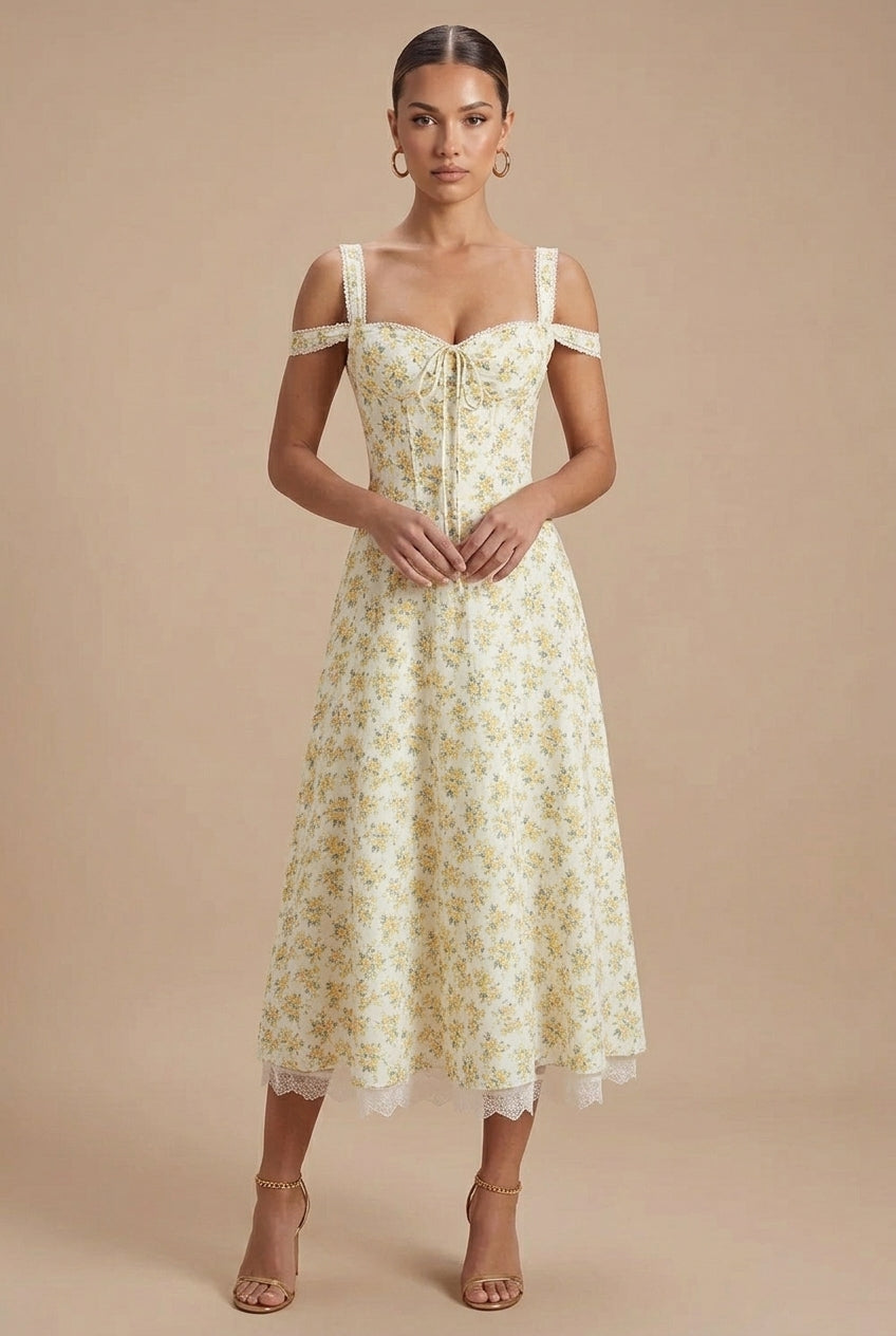 Robe Été Femme Fleurie Col Cœur Dentelle Fête Jardin – Image 3