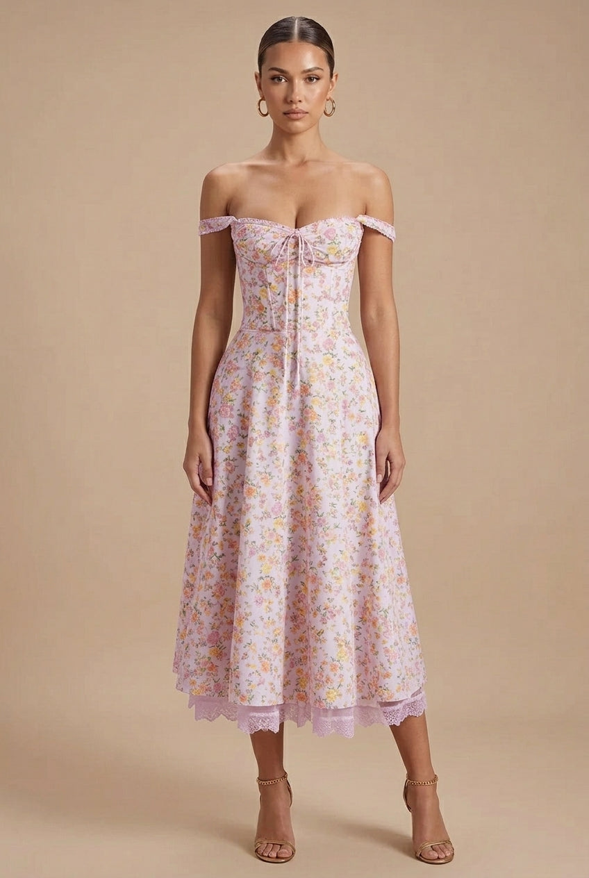 Robe Été Femme Fleurie Col Cœur Dentelle Fête Jardin – Image 2
