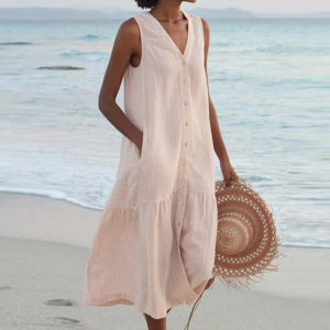 Robe femme fluide sans manches col V longueur midi