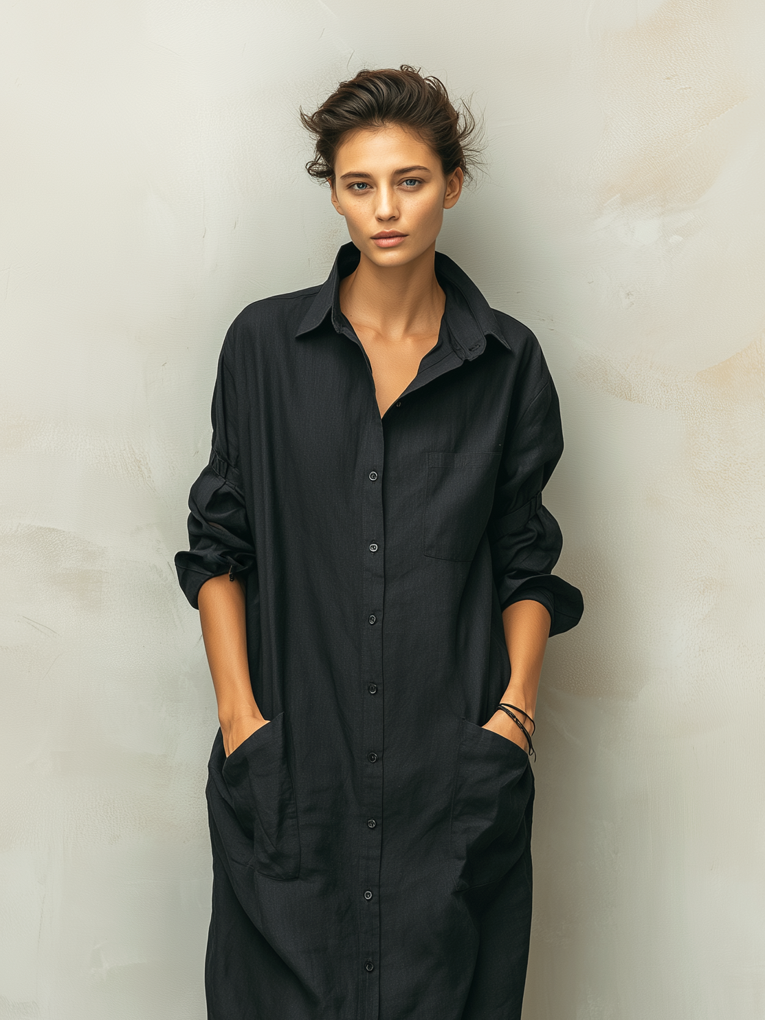 Robe femme longue noire mélange coton lin respirant – Image 2