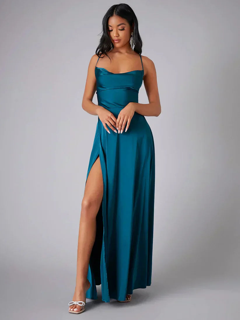 Robe femme mélange satin corsage ajusté soirée – Image 2