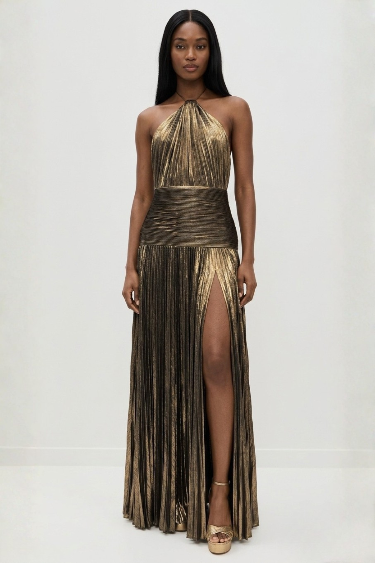 Robe femme halter plissée fente latérale élégante – Image 2