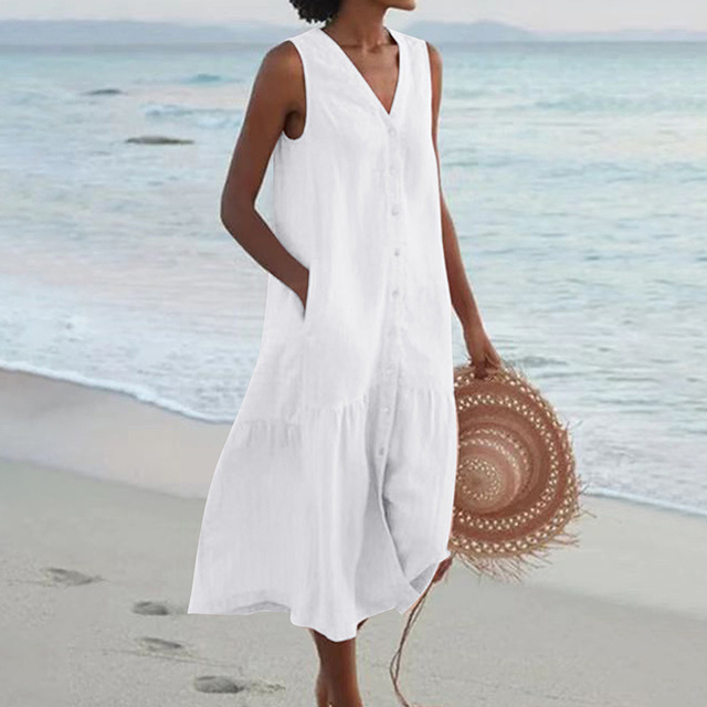Robe femme midi coupe ample sans manches fluide – Image 3