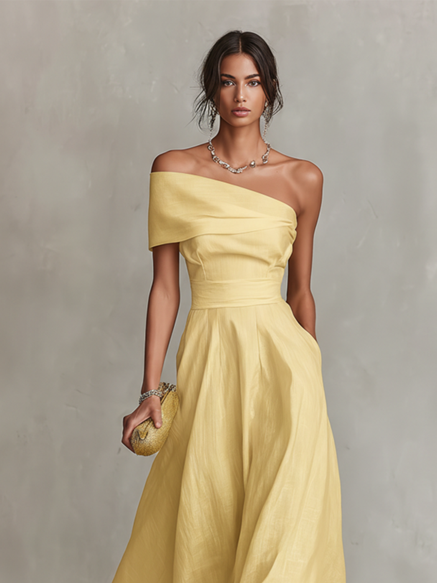 Robe femme jaune longue jupe fluide pour soirée – Image 3