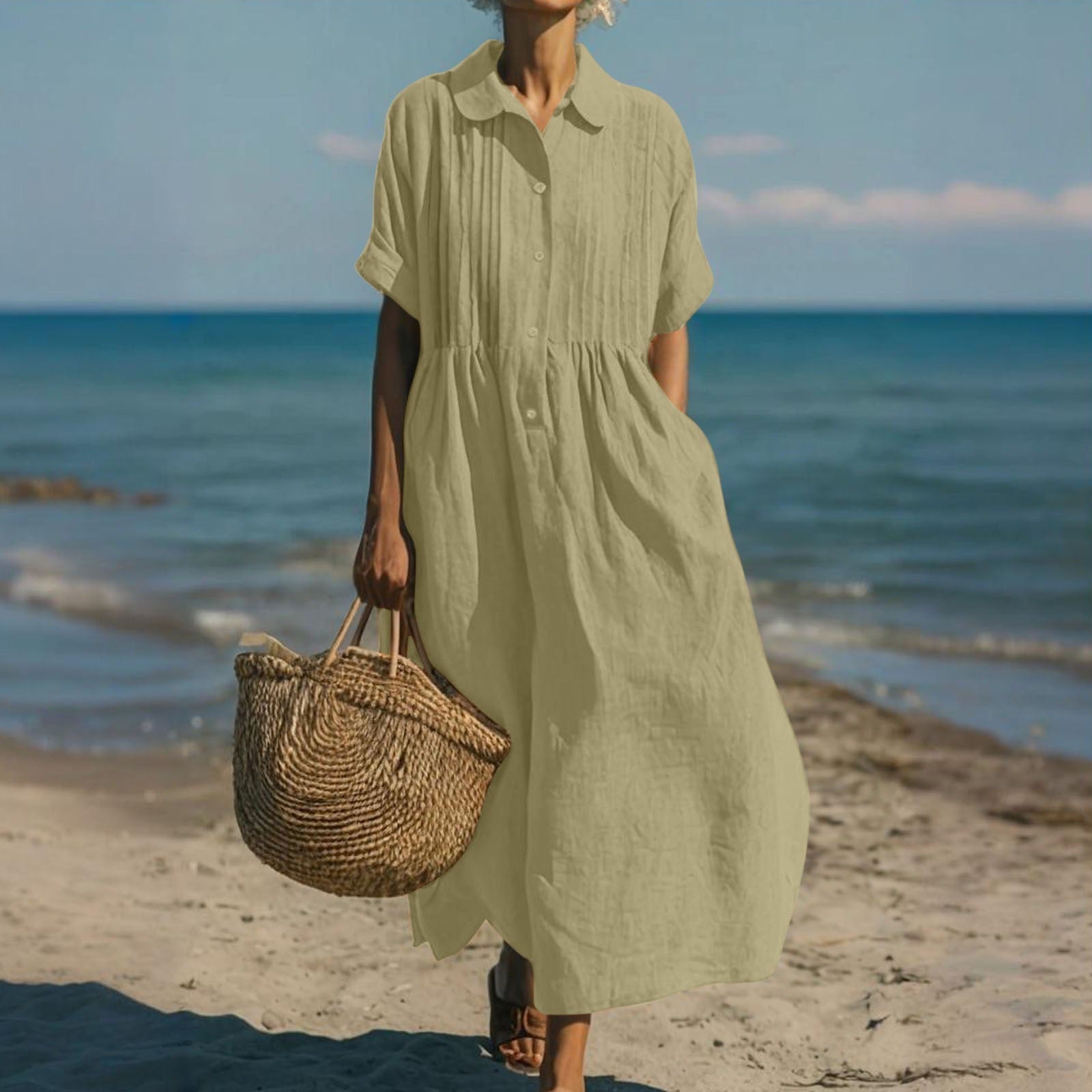 Robe femme coton respirant coupe décontractée midi – Image 9