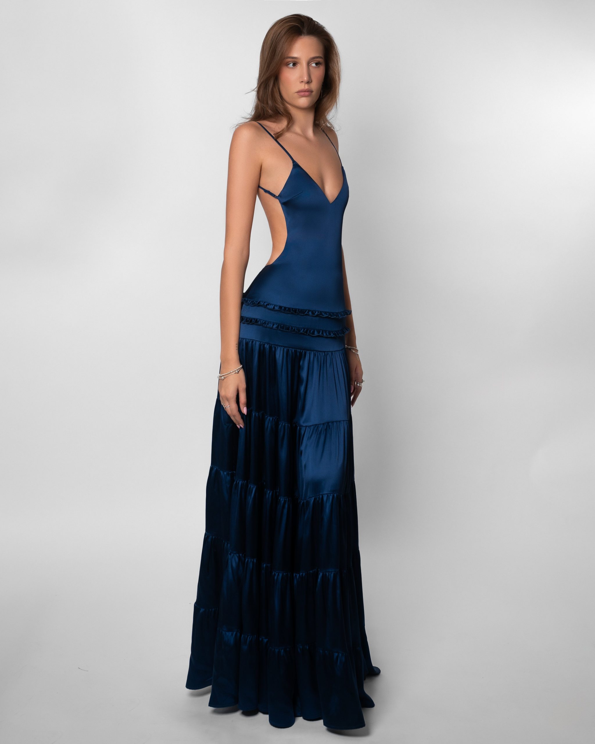 Robe femme soirée bretelles fines jupe étagée – Image 2