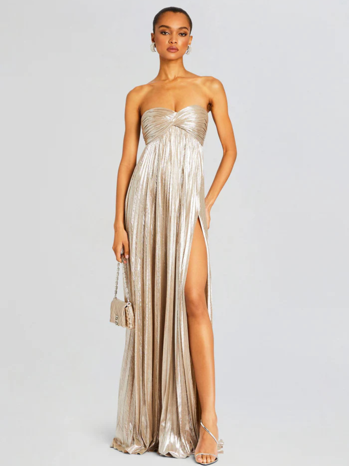 Robe femme soirée métallisée plissée élégante