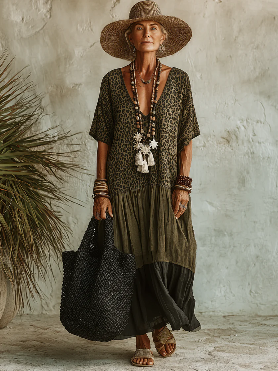 Robe femme midi coton lin col V décontractée – Image 5