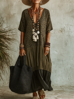 Robe femme midi coton lin col V décontractée