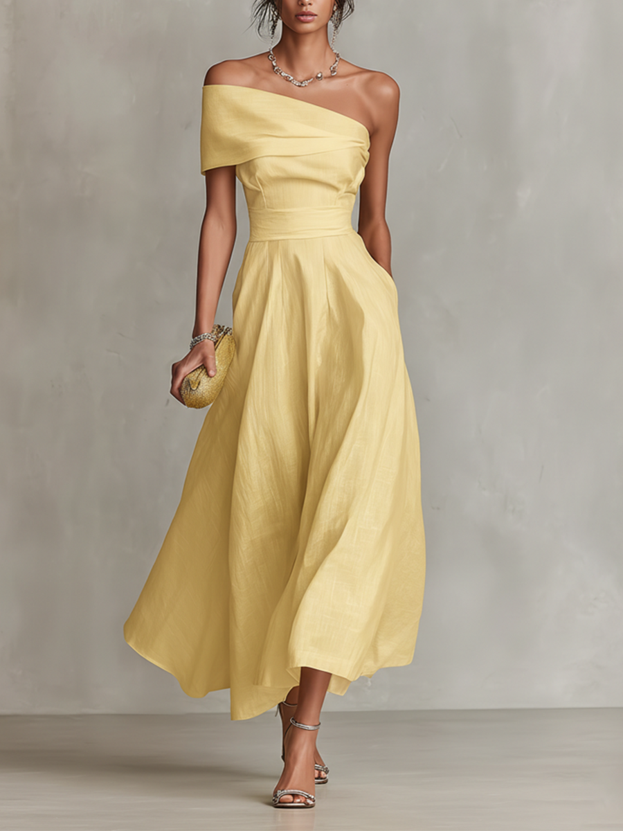Robe femme jaune longue jupe fluide pour soirée