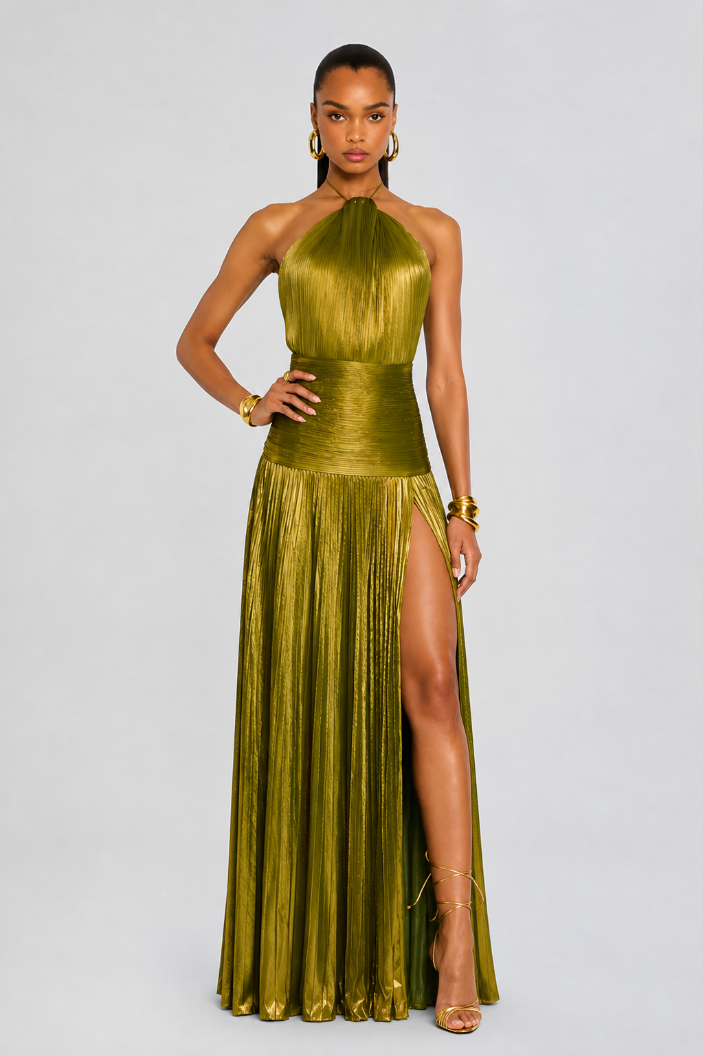 Robe femme halter plissée fente latérale élégante