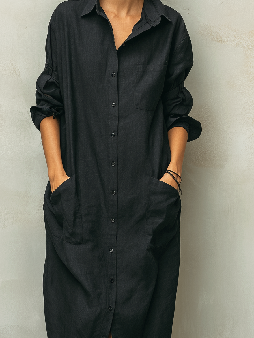 Robe femme longue noire mélange coton lin respirant – Image 4