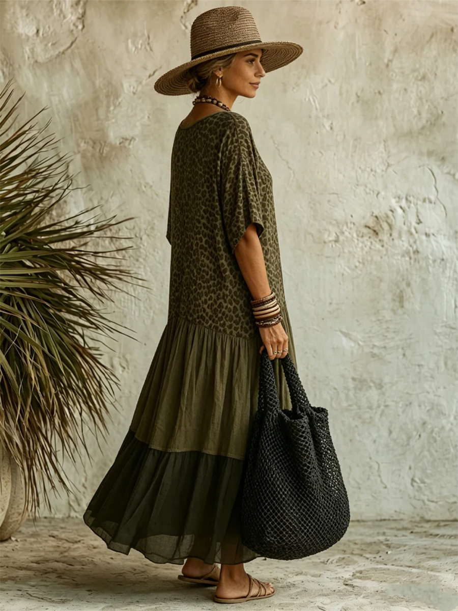 Robe femme midi coton lin col V décontractée – Image 3