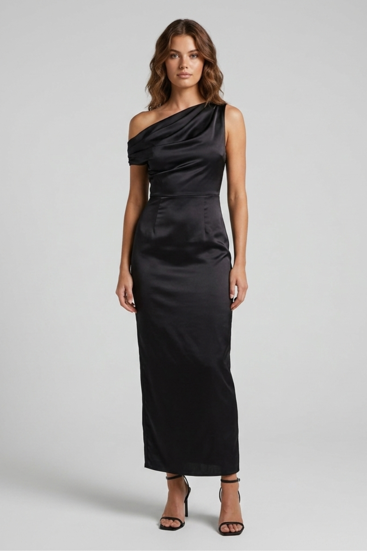 Robe femme satin épaule asymétrique soirée chic – Image 2