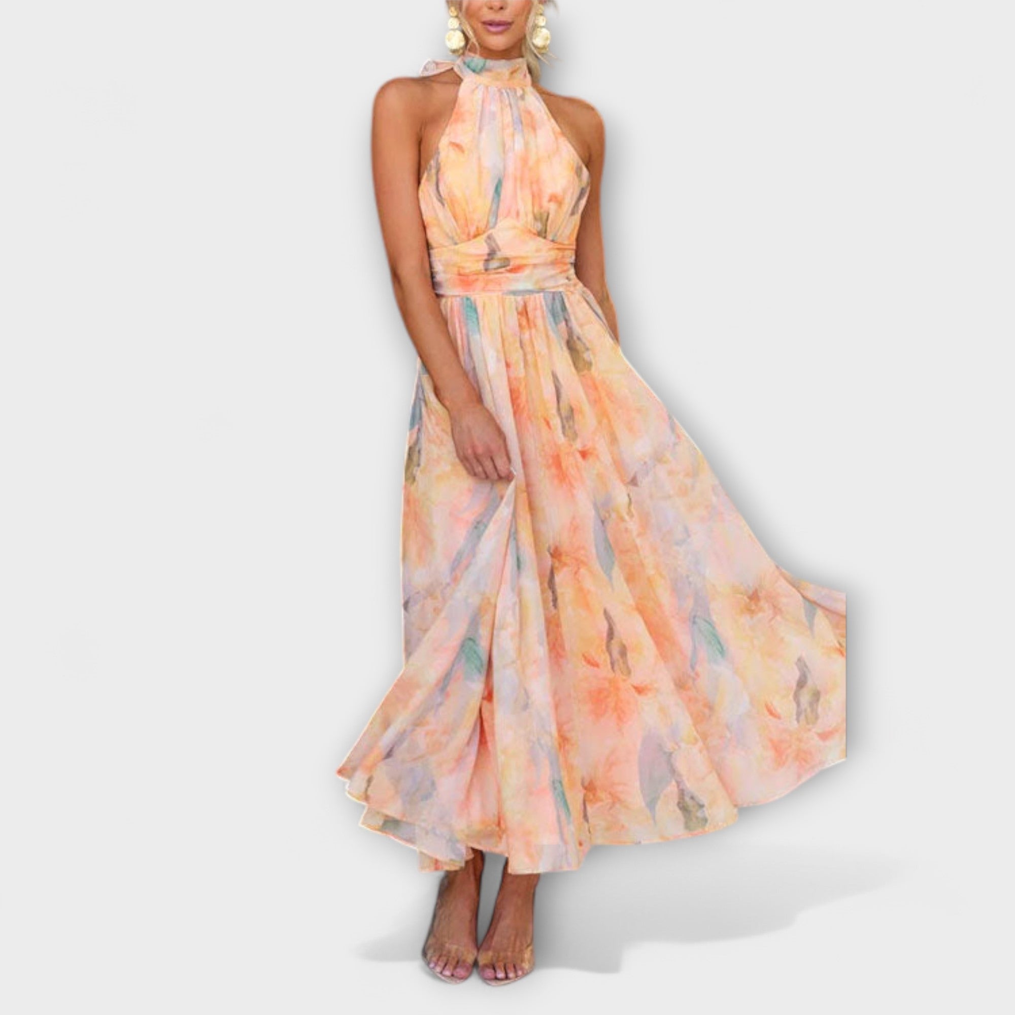 Robe col halter imprimé aquarelle coupe fluide – Image 3