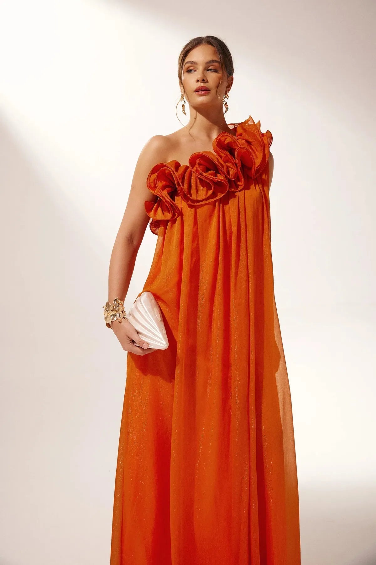 Robe femme fleurs 3D épaule mousseline irisée soirée – Image 3