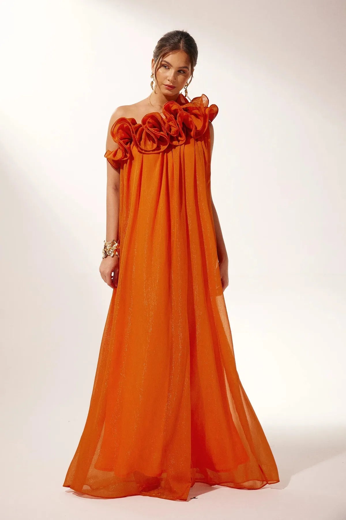 Robe femme fleurs 3D épaule mousseline irisée soirée – Image 5