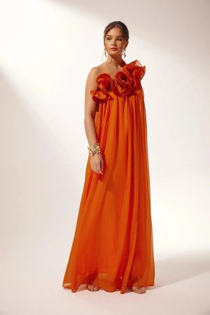 Robe femme fleurs 3D épaule mousseline irisée soirée