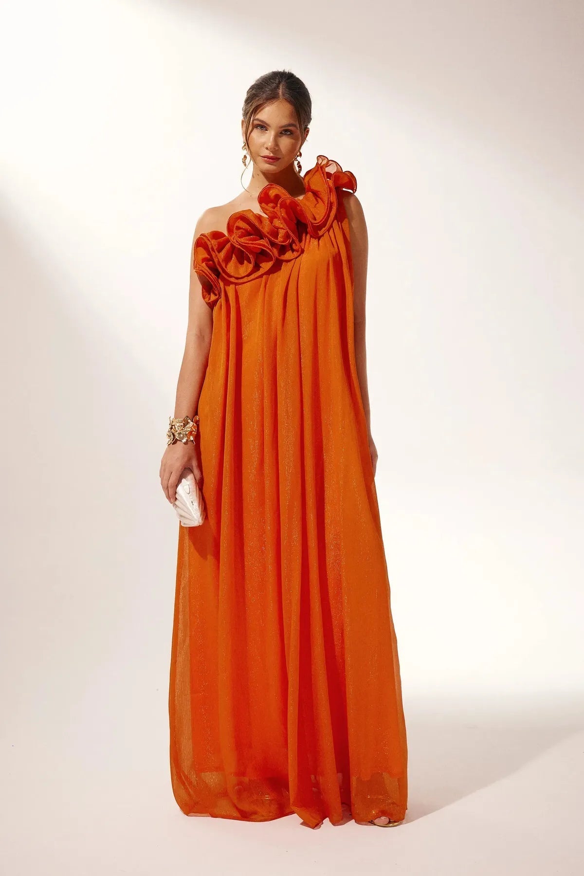 Robe femme fleurs 3D épaule mousseline irisée soirée – Image 4