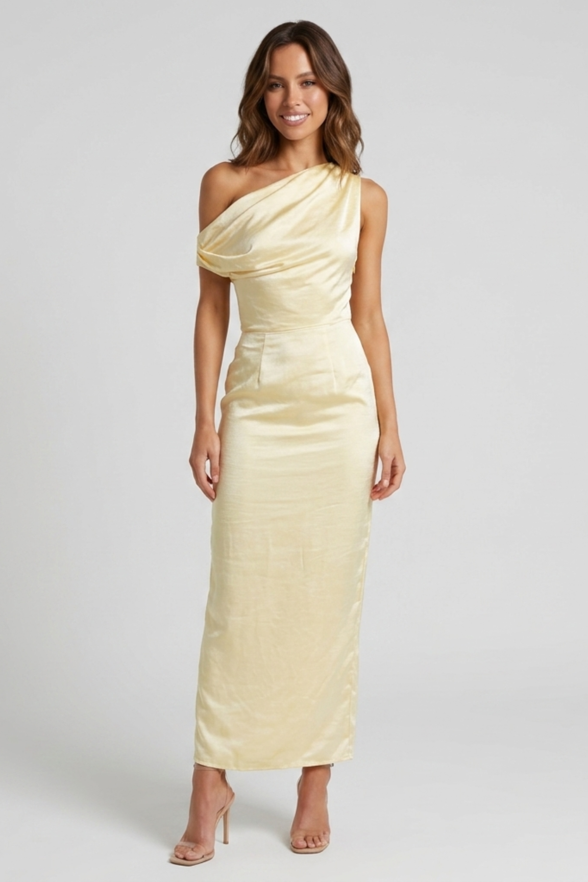 Robe femme satin épaule asymétrique soirée chic – Image 3
