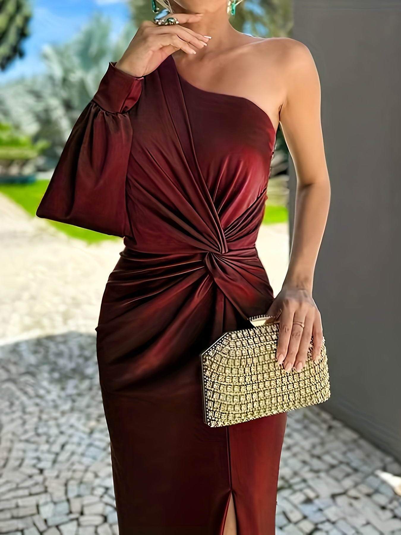 Robe femme soirée drapée fente latérale – Image 9