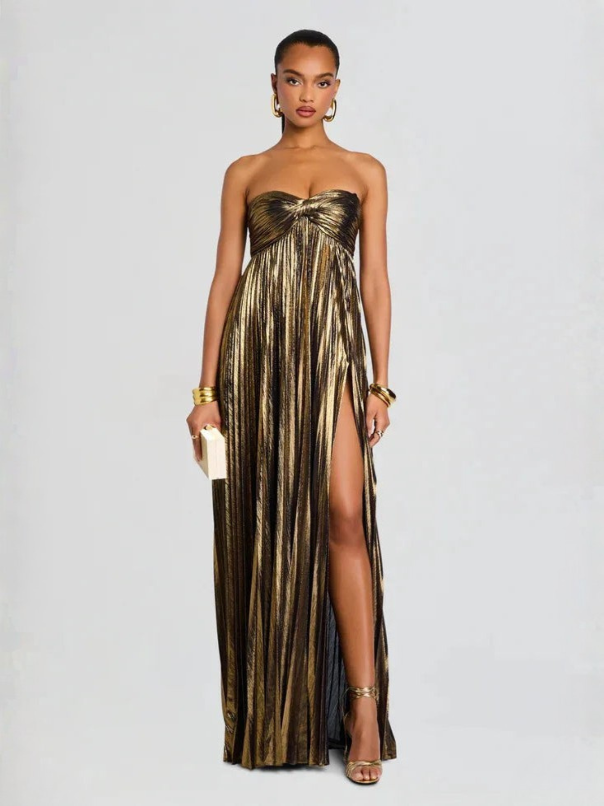 Robe femme soirée métallisée plissée élégante – Image 2