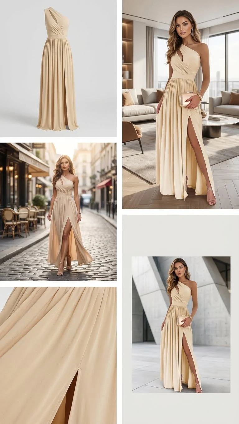Robe femme asymétrique épaule tissu fluide mariage – Image 7