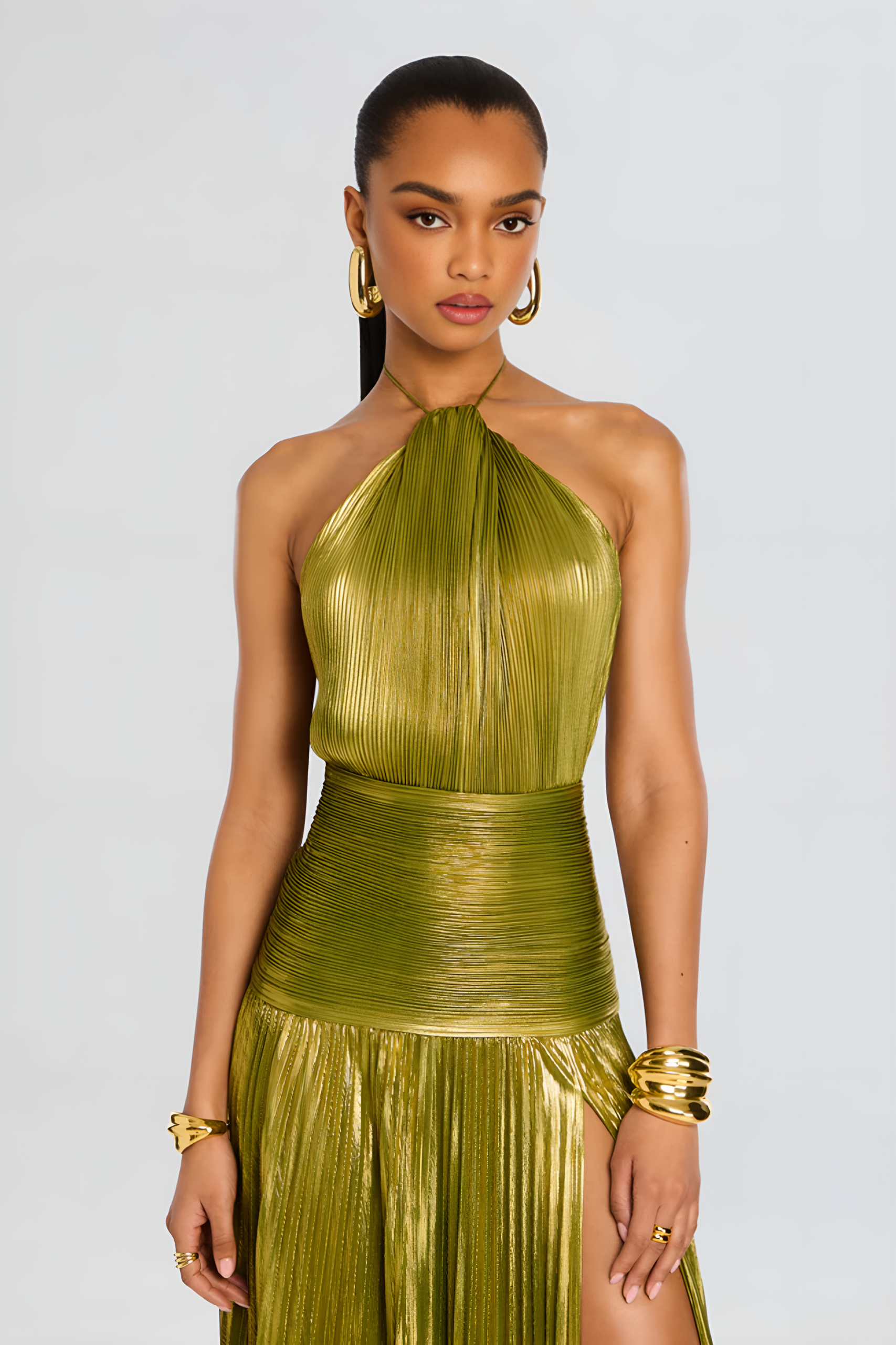 Robe femme halter plissée fente latérale élégante – Image 7