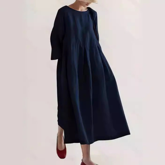 Robe femme lin manches longues taille froncée – Image 2