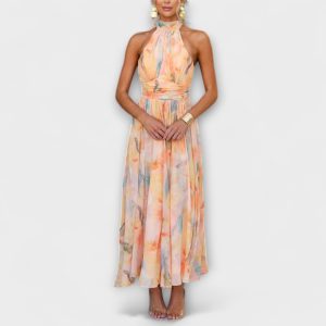 Robe col halter imprimé aquarelle coupe fluide