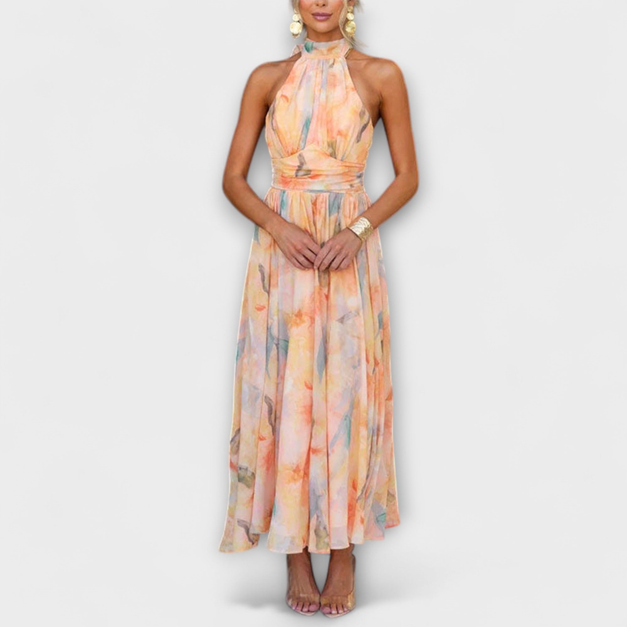 Robe col halter imprimé aquarelle coupe fluide