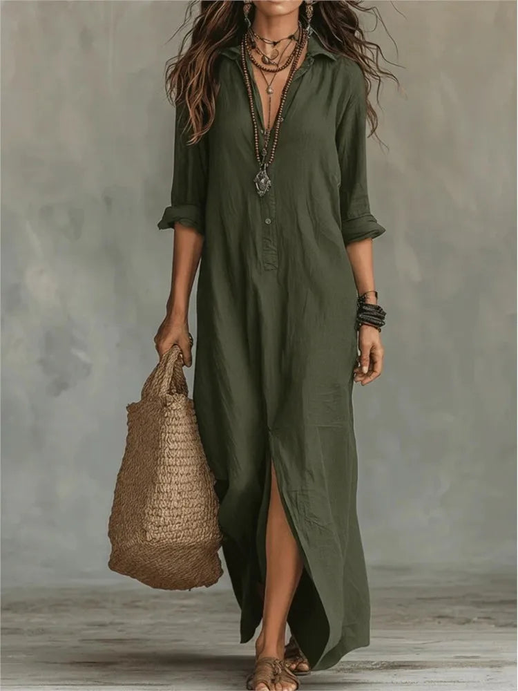 Robe femme longue en lin col boutonné fente latérale – Image 5