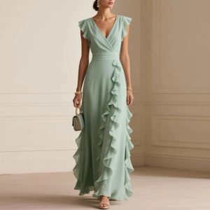 Robe femme décolleté V manches papillon taille haute