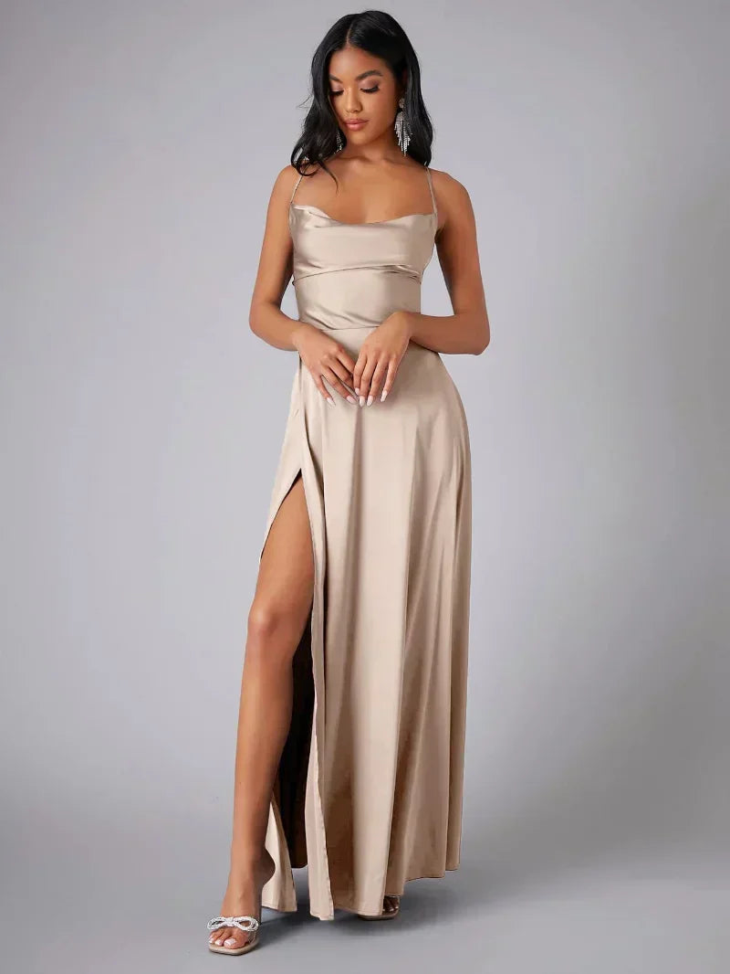 Robe femme mélange satin corsage ajusté soirée – Image 4