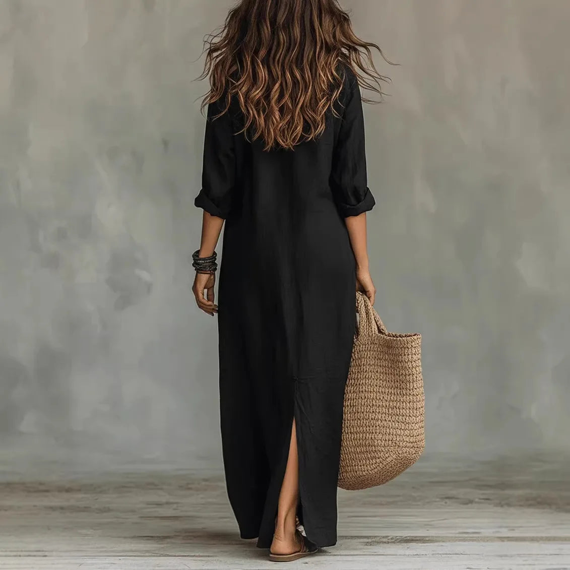 Robe femme longue en lin col boutonné fente latérale – Image 6
