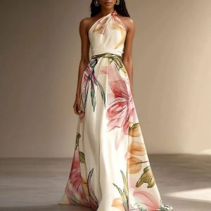 Robe femme longue col licou florale légère